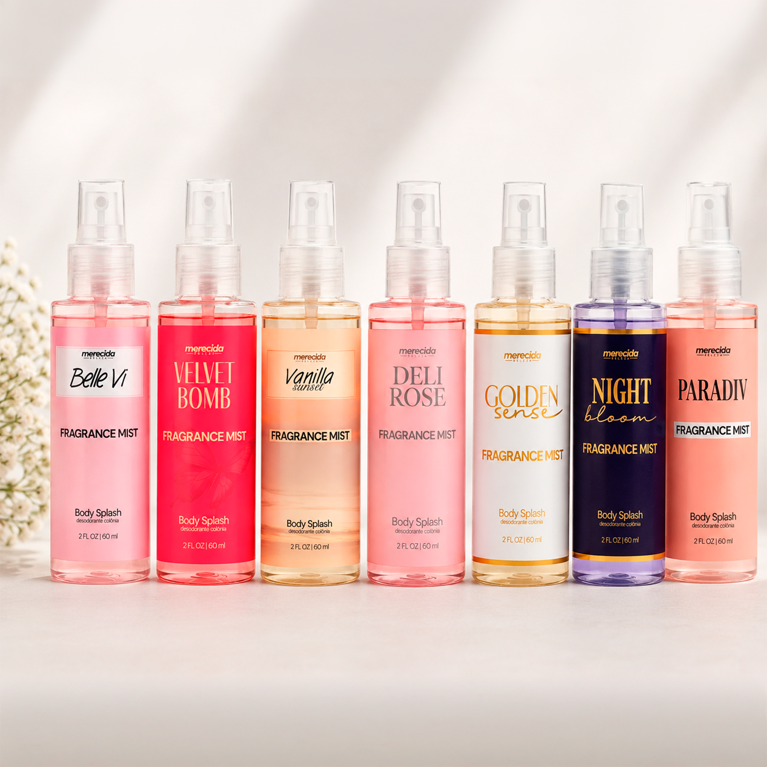 Kit 7 Body Splash Desodorante Colônia 60ml - Golden Sense, Deli Rose, Paradiv, NightBloom, Velvet Bomb, Belle Vi, Vanilla Sunset
