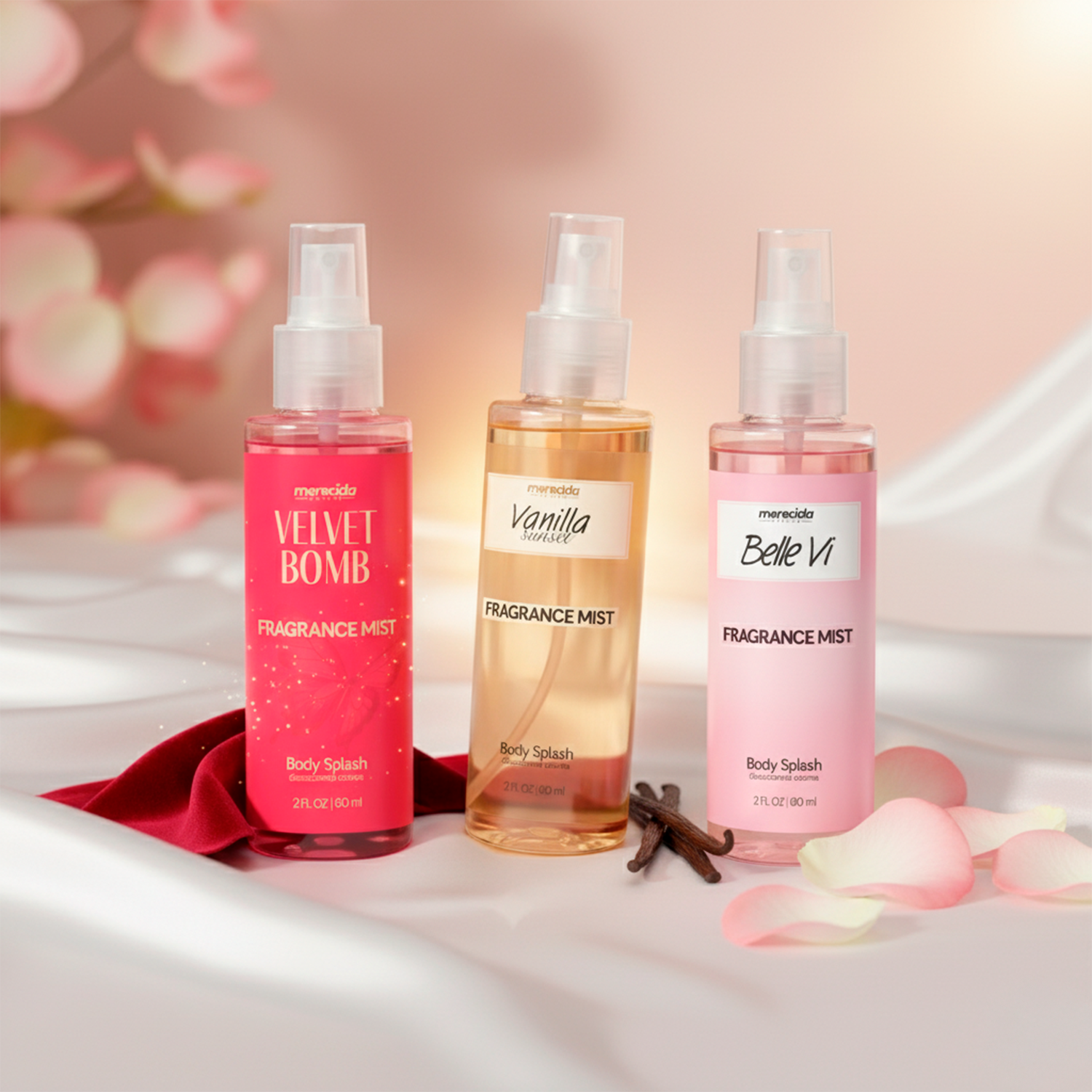 Kit 3 Body Splash Desodorante Colônia 60ml - Belle Vi, Vanilla Sunset, Valvet Bomb