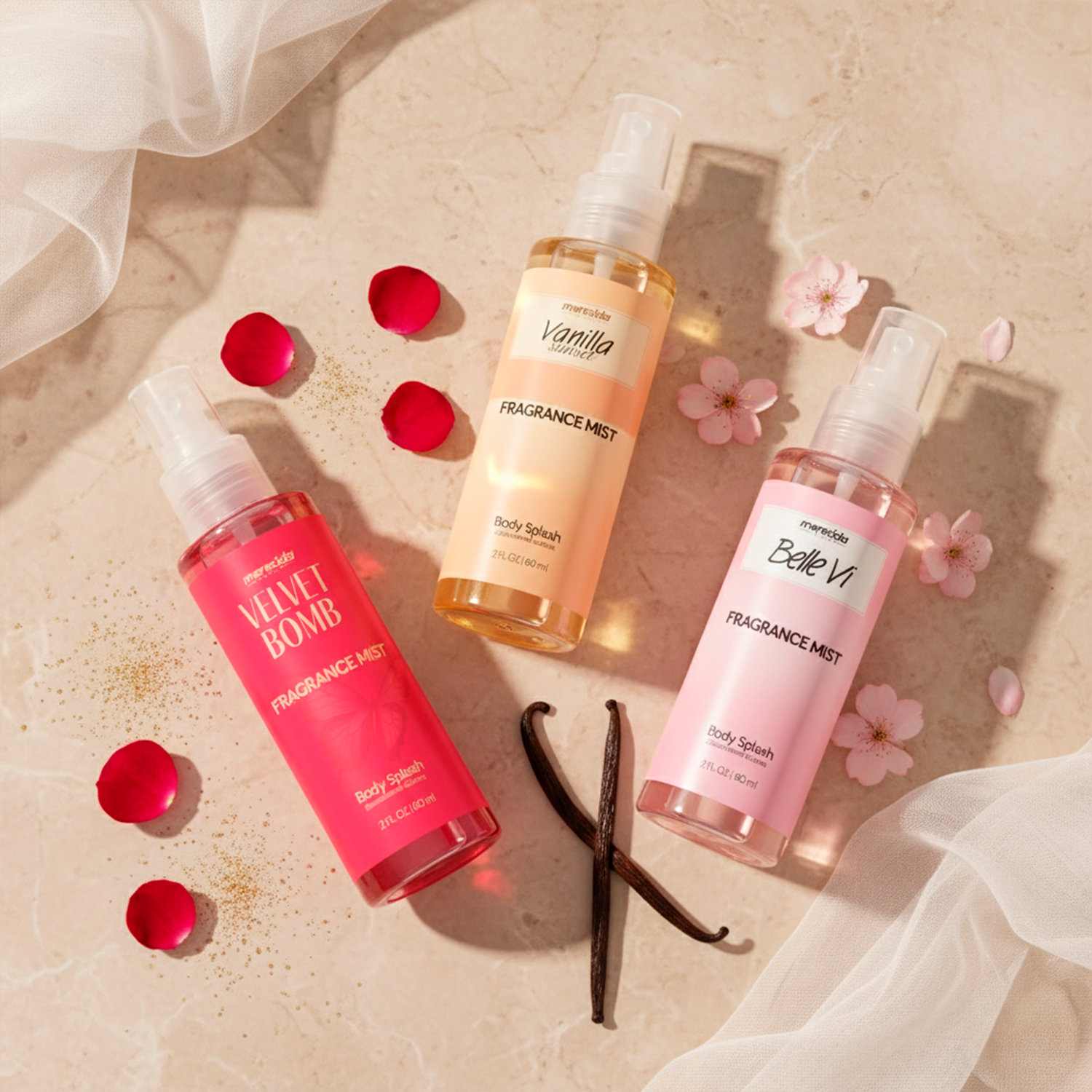 Kit 3 Body Splash Desodorante Colônia 60ml - Belle Vi, Vanilla Sunset, Valvet Bomb