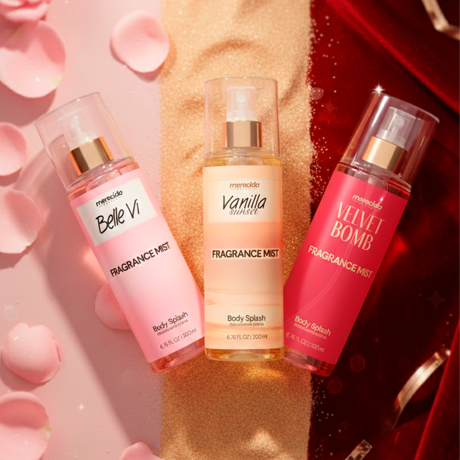 Kit 3 Body Splash Desodorante Colônia 200ml - Belle Vi, Vanilla Sunset, Valvet Bomb