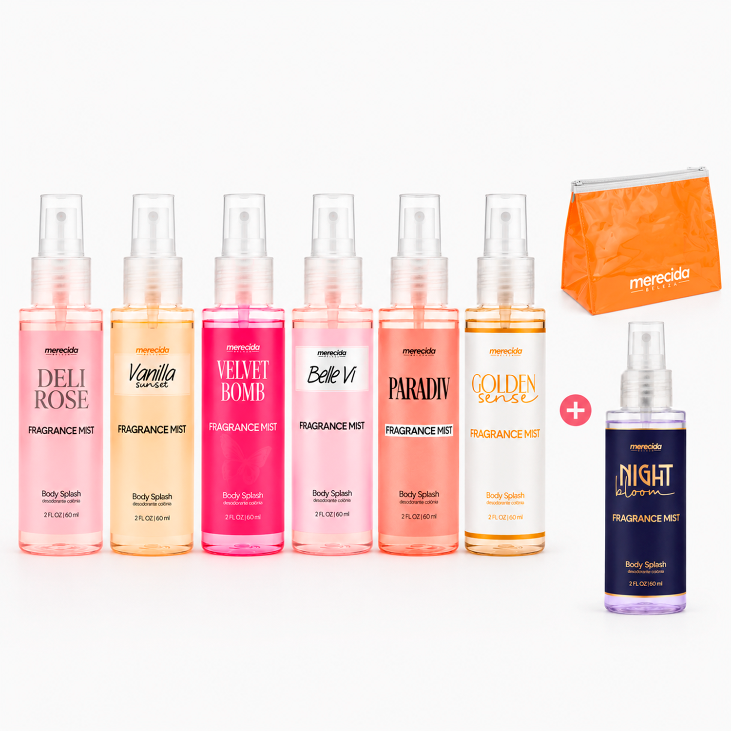 Kit 7 Body Splash Desodorante Colônia 60ml - Golden Sense, Deli Rose, Paradiv, NightBloom, Velvet Bomb, Belle Vi, Vanilla Sunset