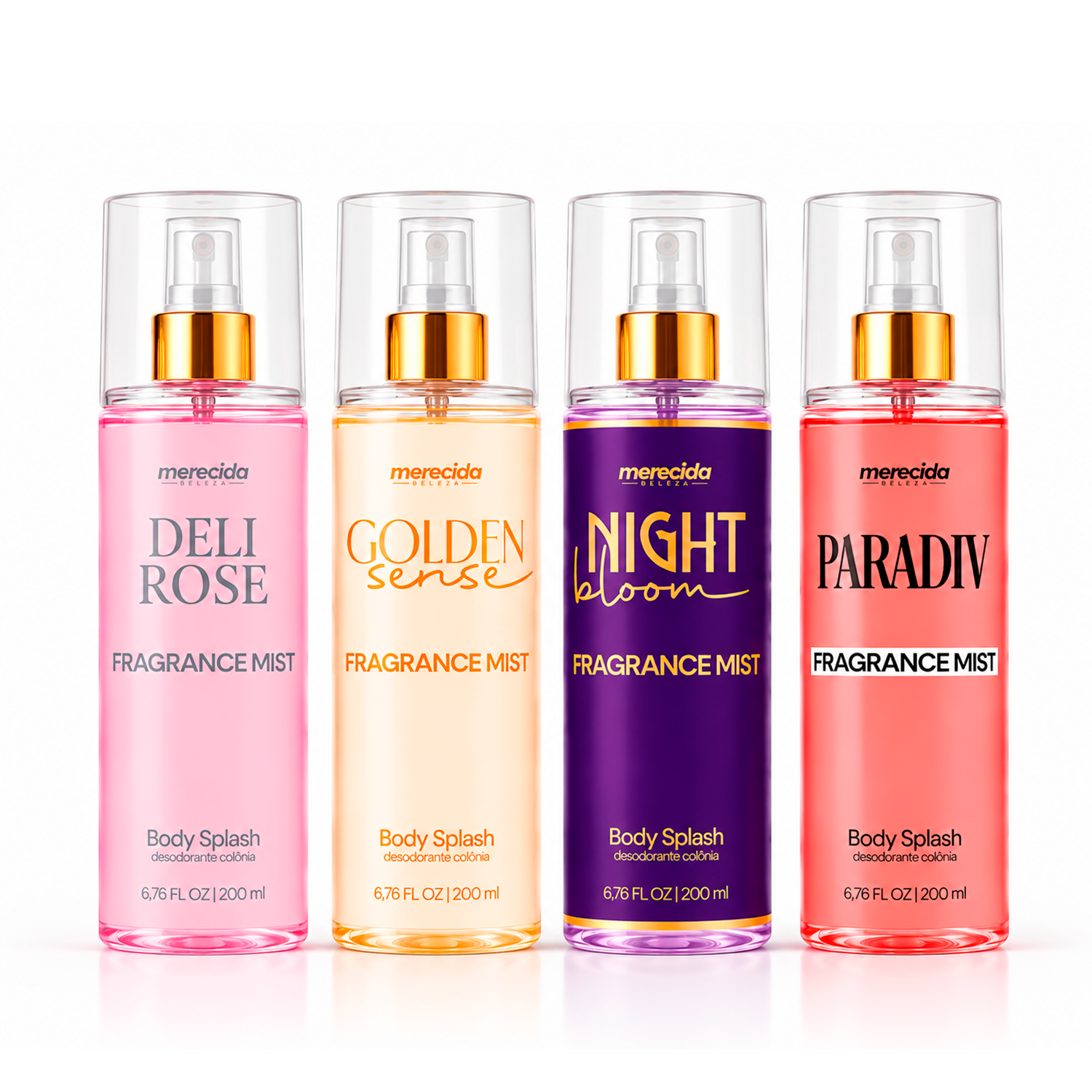 Kit 4 Body Splash Desodorante Colônia 200ml - Golden Sense, Deli Rose, Paradiv, NightBloom